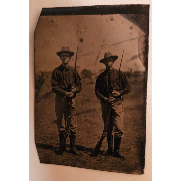Tintype Of Two Soldiers With Rifles And Bayonets In The Field